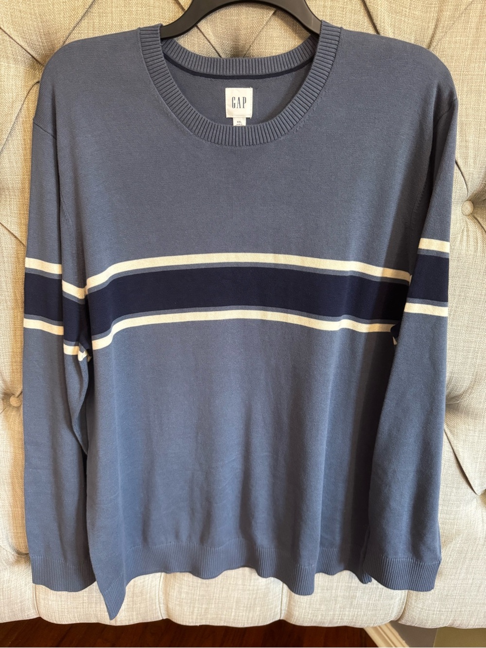 GAP Men's Slate Blue Crewneck Sweater with Navy and Cream Stripes